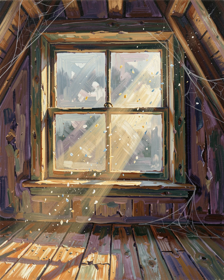 A quiet attic window filled with dust motes drifting in a single beam of afternoon light.