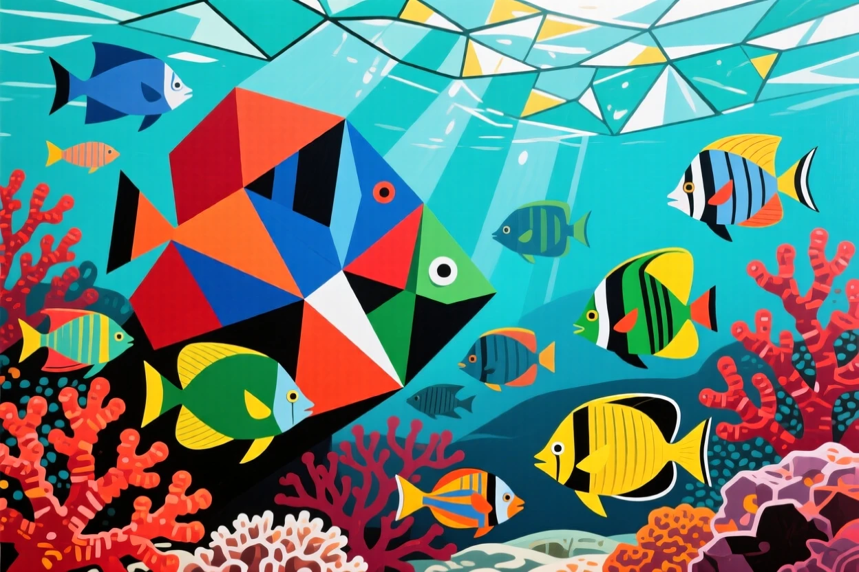 A vibrant coral reef teeming with colorful fish beneath sunlit turquoise water.