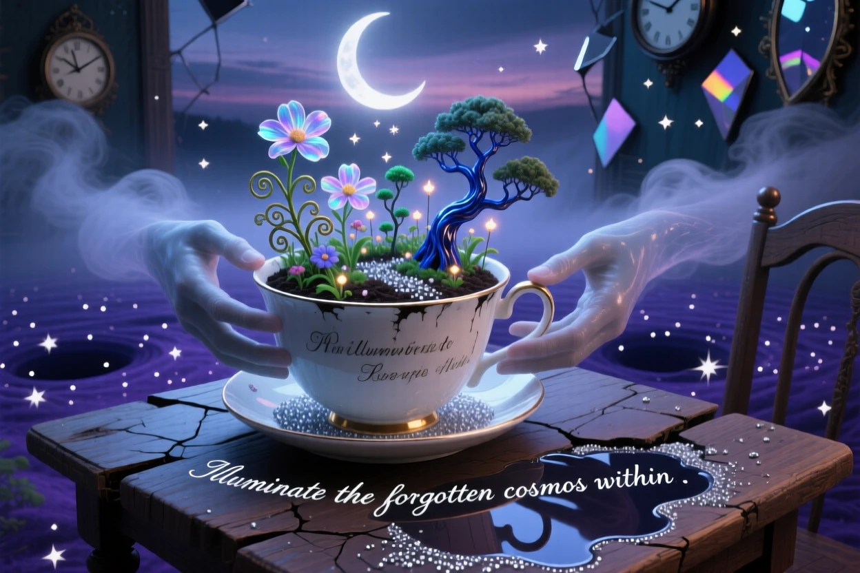 A quiet garden growing inside a forgotten teacup reveals itself only when held up to the light, as tiny lights flicker like distant, faraway stars.