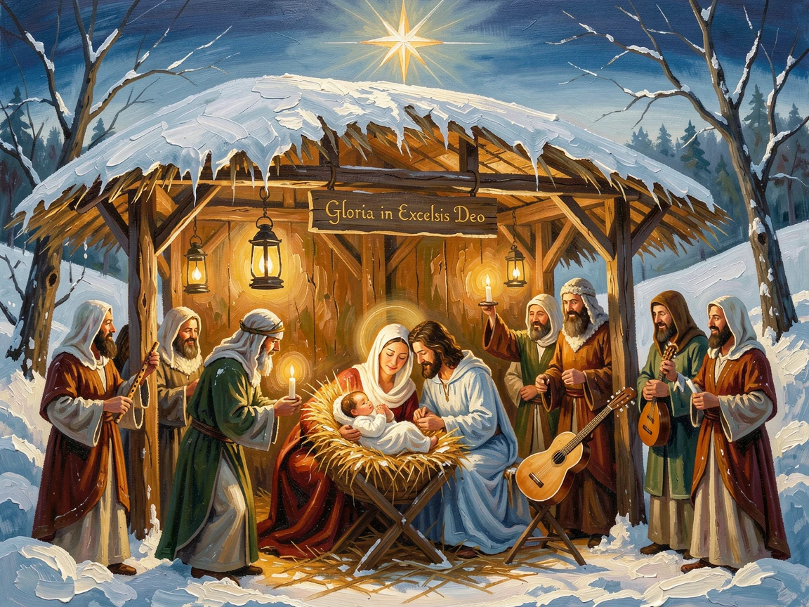 A traditional Christmas nativity scene glows warmly beneath a single bright star in a quiet snow-covered stable setting, the atmosphere charged with music, movement, and a shared sense of celebration.