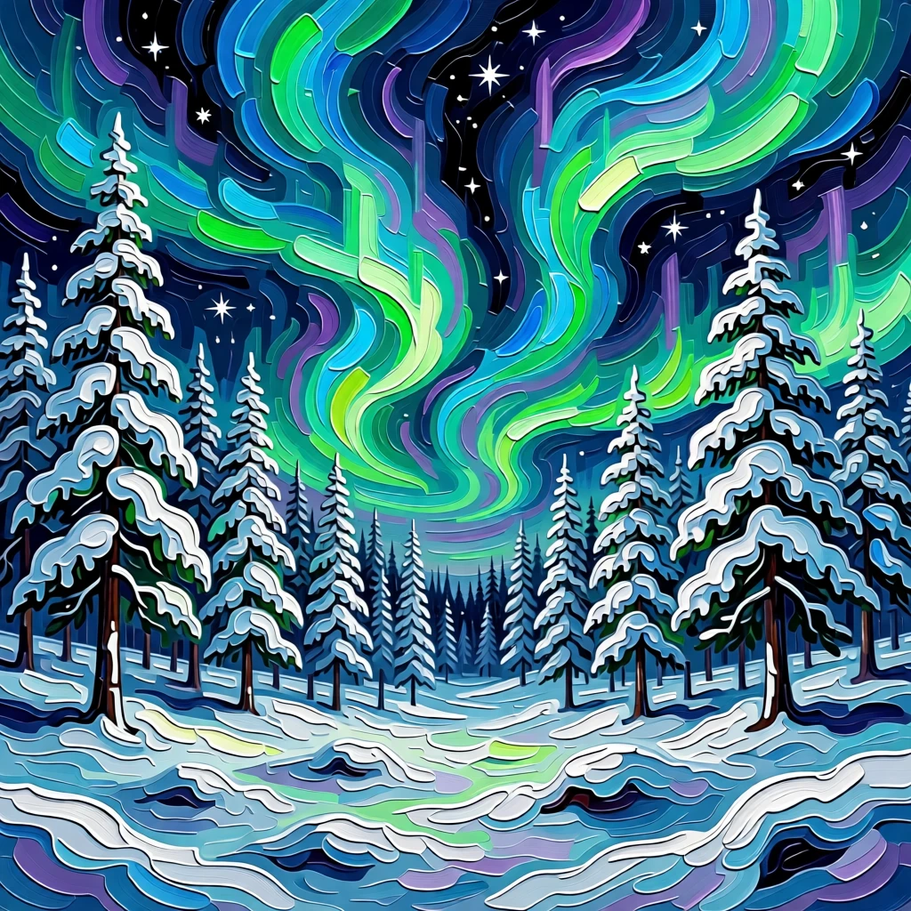 A dramatic view of the Northern Lights rippling above a lone snow-covered pine forest