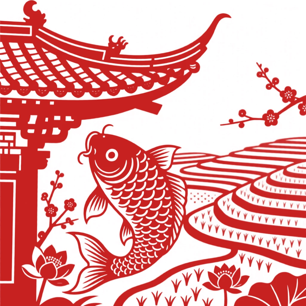 A koi fish, nesting beneath the eaves of an old temple, set against a backdrop of distant terraced fields.