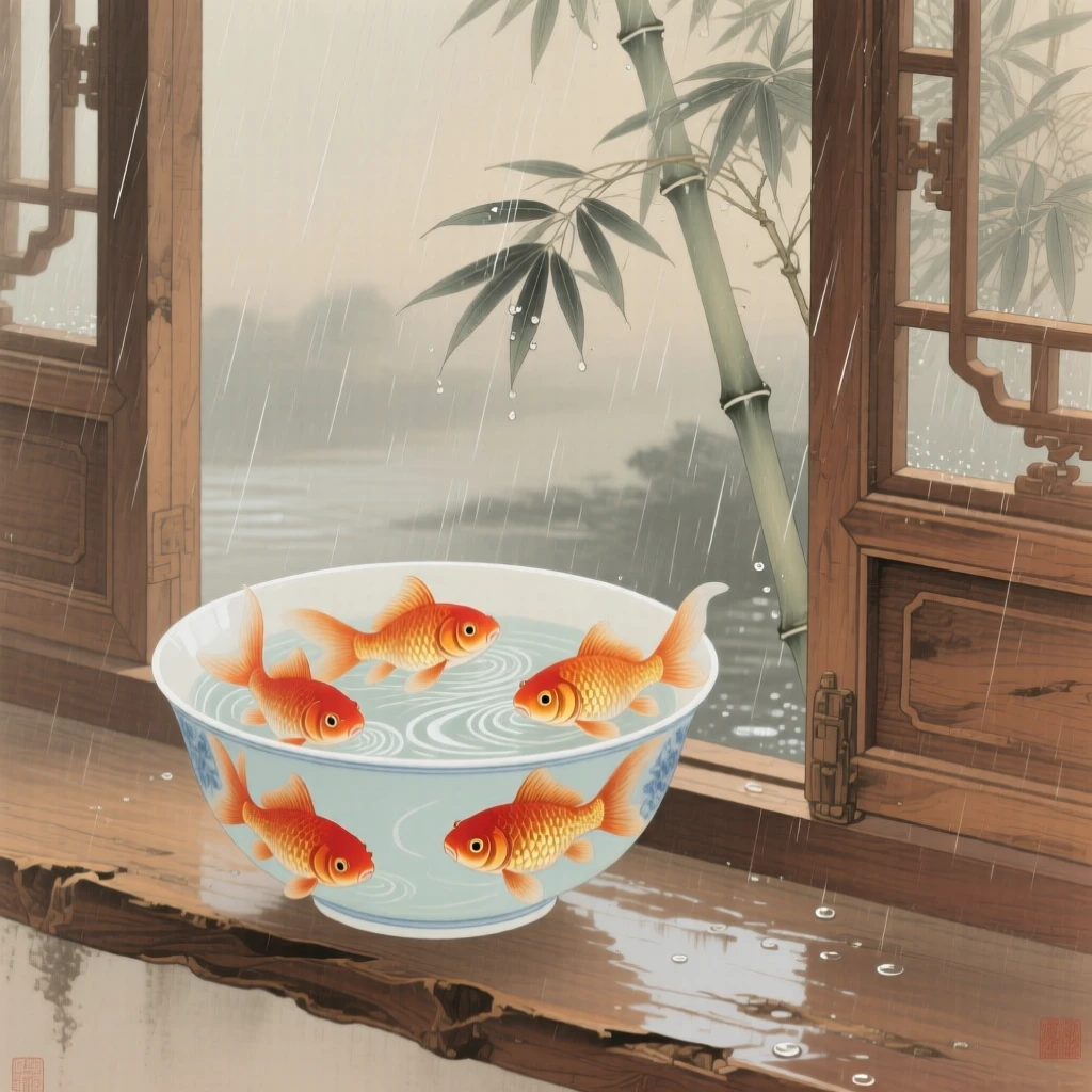 A bowl of goldfish beside an open window beside an open window with rain falling outside