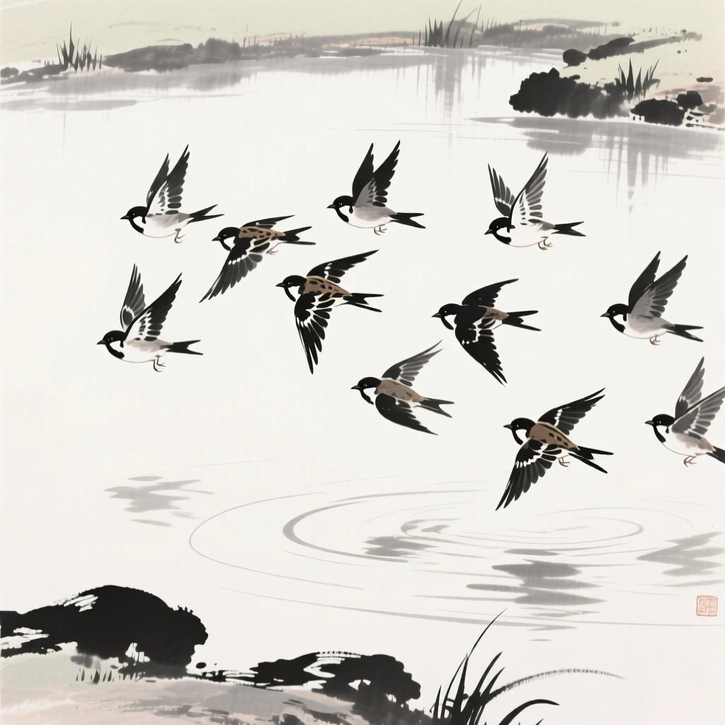 A flock of sparrows taking flight over a still lake over a tranquil garden pond, captured mid-motion with wings outstretched, conveying serenity and effortless movement.