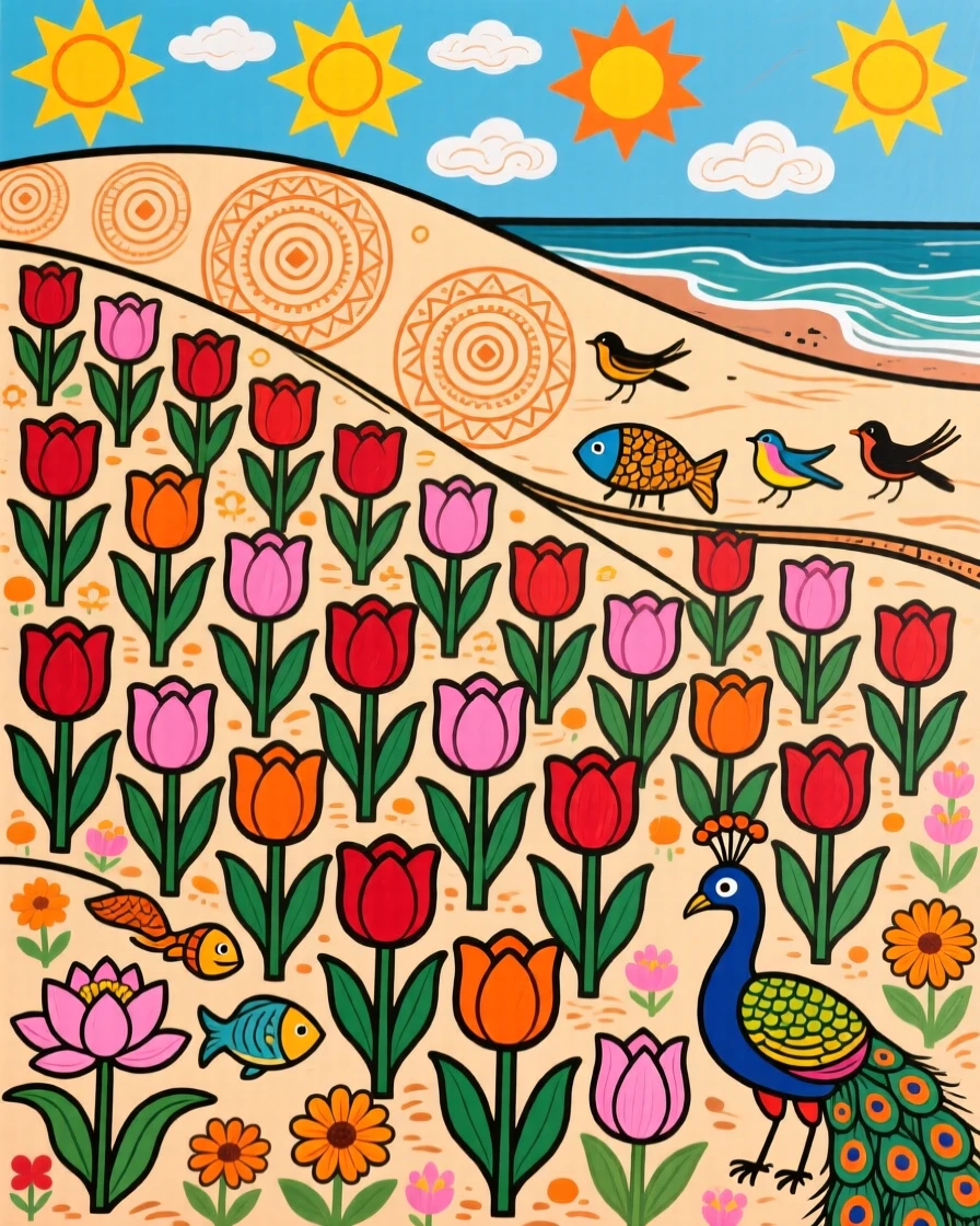 A field of wild tulips blooming across a windswept coastal dune.