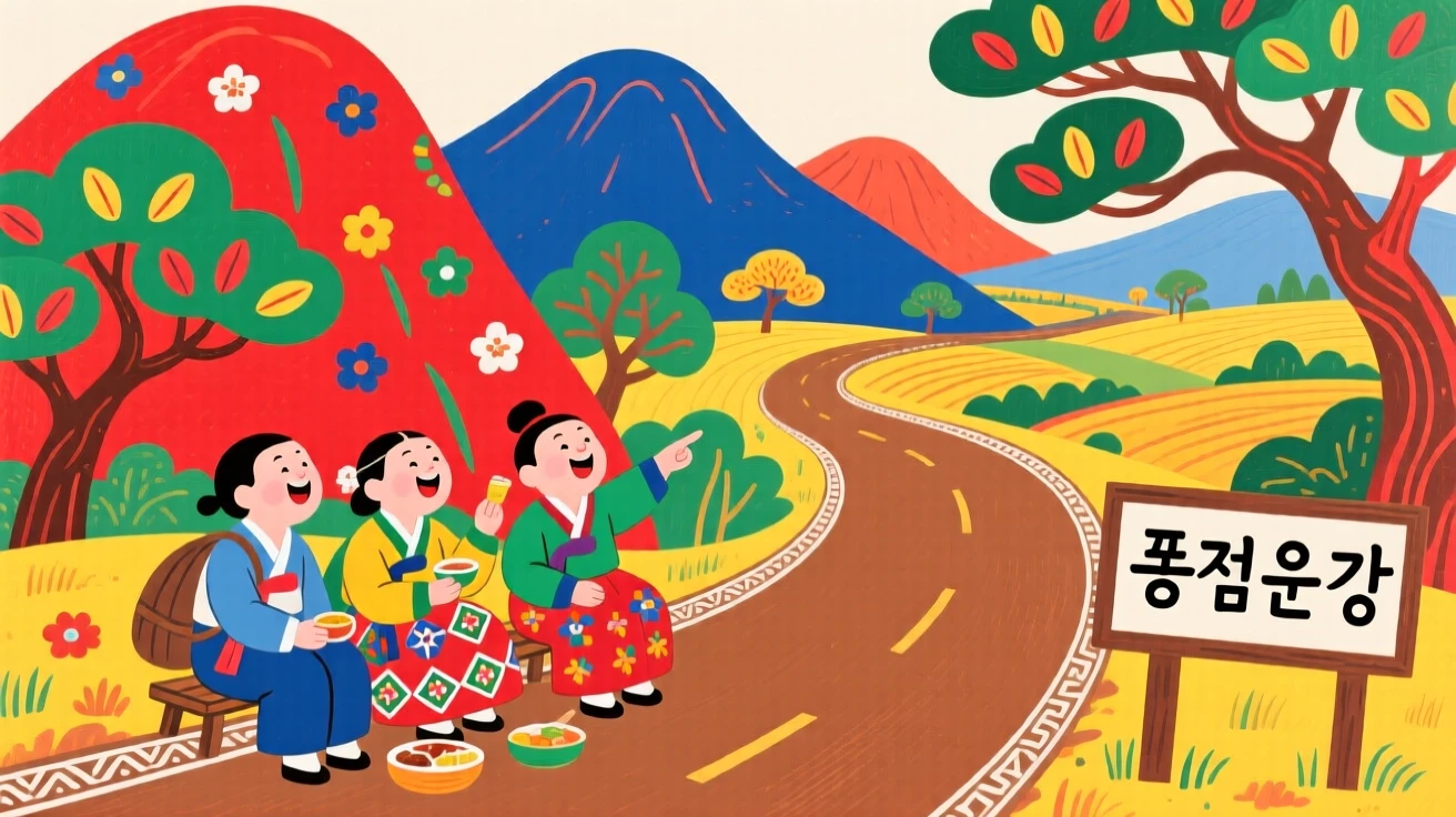 Travelers resting at a scenic mountain overlook along a quiet countryside road.