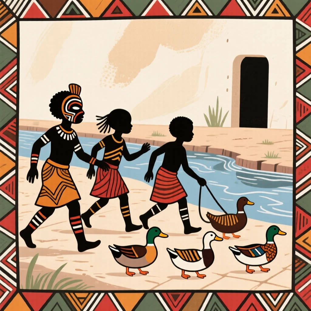 Children herding ducks across a courtyard beside a slow-moving river.