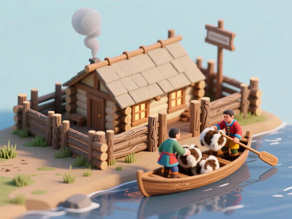 A colonial Canadian fur trading post with voyageurs unloading canoes, a stockade fence, and smoke rising from a longhouse.