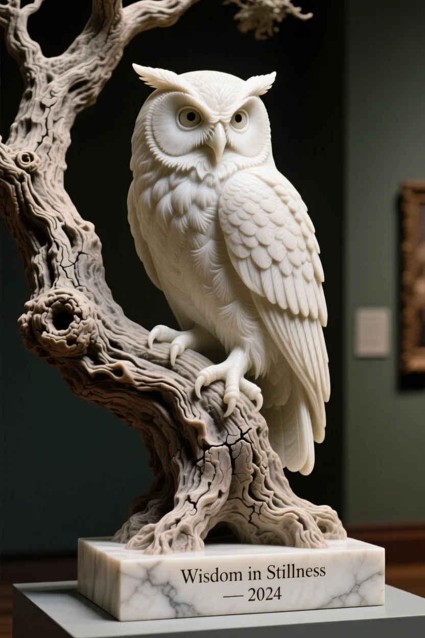 A vivid, emotionally rich scene of a wise old owl perched in an ancient oak, in a moment of quiet stillness, designed to captivate and inspire