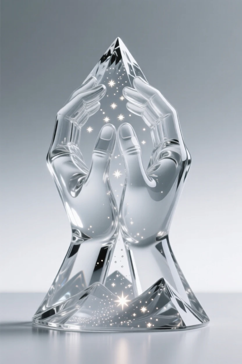 A mountain peak shaped like a pair of clasped hands while small particles drift upward like scattered stars