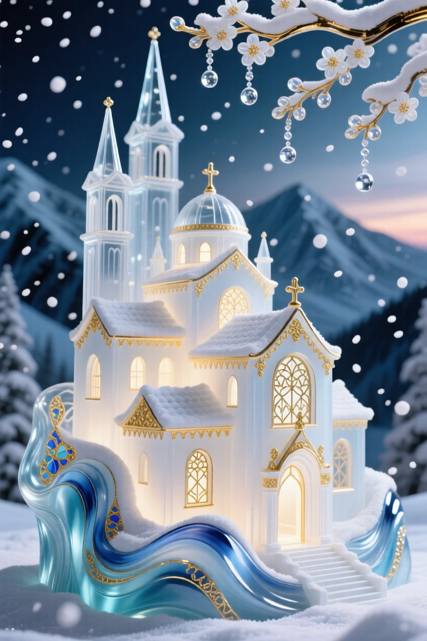 A grand mountain monastery glowing softly beneath a canopy of the freshest falling snow, spiritual and serene.