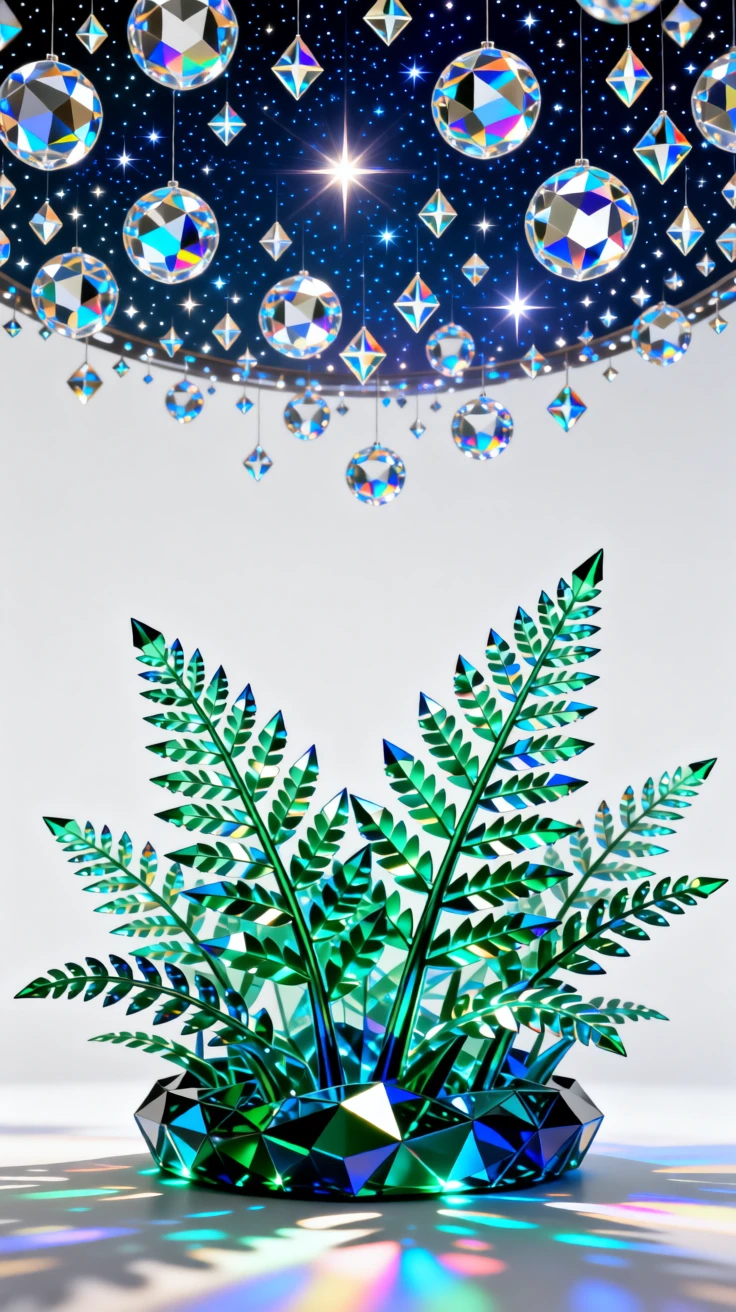 A dreamlike forest of glowing crystal ferns unfurling beneath a starlit canopy.