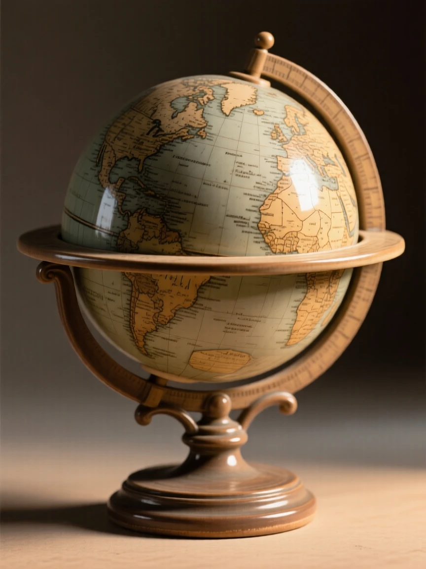 An antique globe spinning slowly on its stand illuminated by a single warm light source, its surface polished to a gentle sheen, capturing beauty in the overlooked and ordinary.