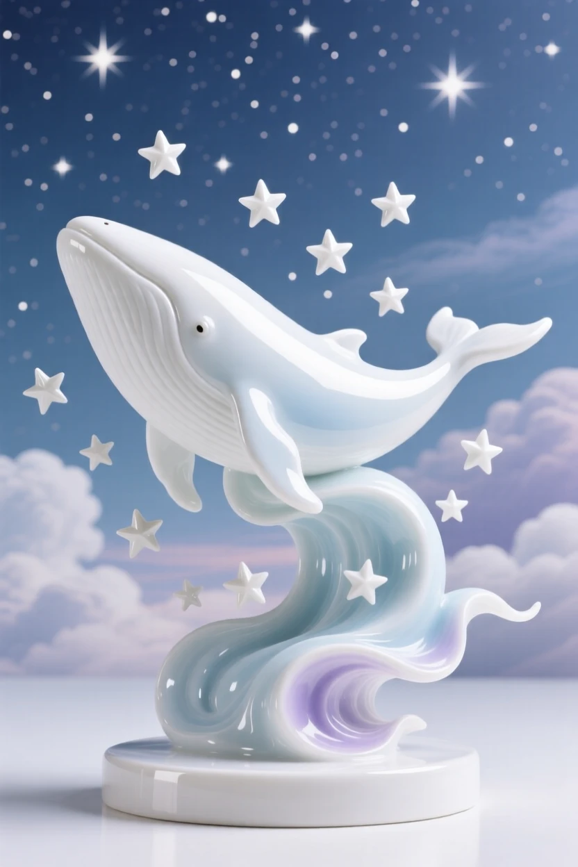 A dreamlike scene of a whale swimming through a sky full of stars, rendered with soft, dreamlike light.