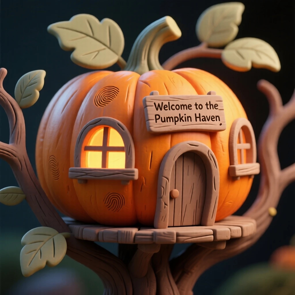 A treehouse built from a single giant glowing pumpkin