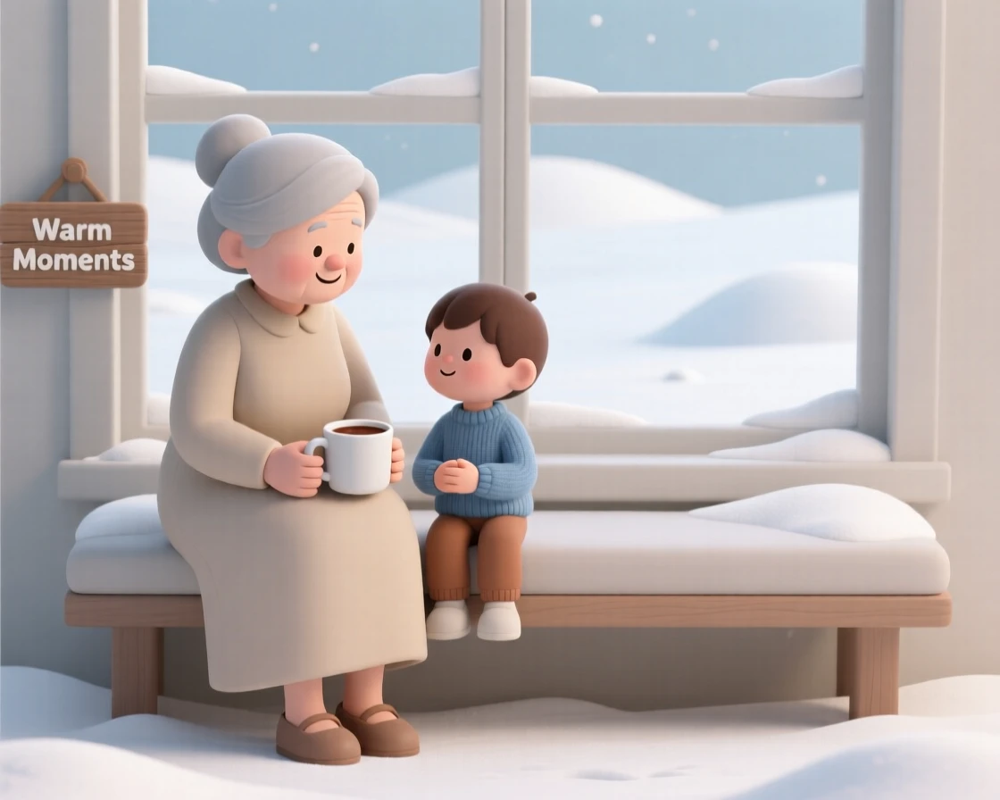 A gentle grandmother shares a warm cup of cocoa with her grandchild on a snowy window seat.
