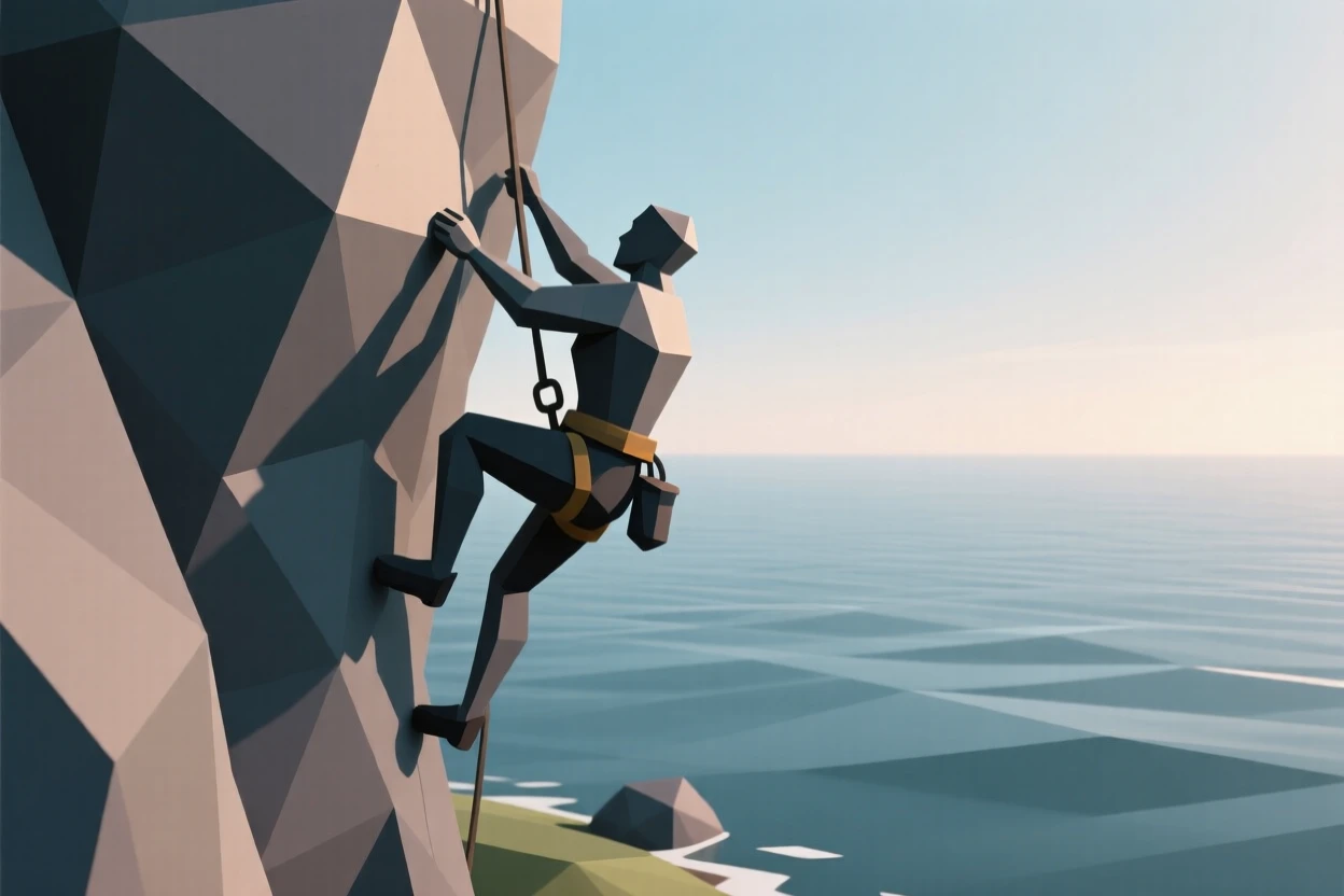 A rock climber scaling a dramatic cliff face, beside a tranquil lake at dawn. dynamic motion is captured with a clear sense of energy. The moment radiates confidence and joy.
