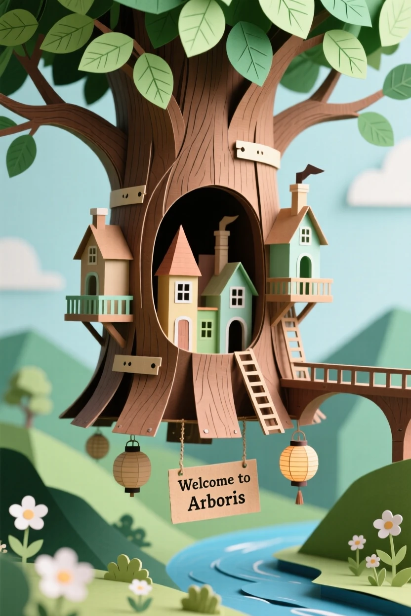 A city nestled within a massive tree floating gently above a quiet valley, with delicate details inviting closer inspection, capturing whimsical, surreal beauty.