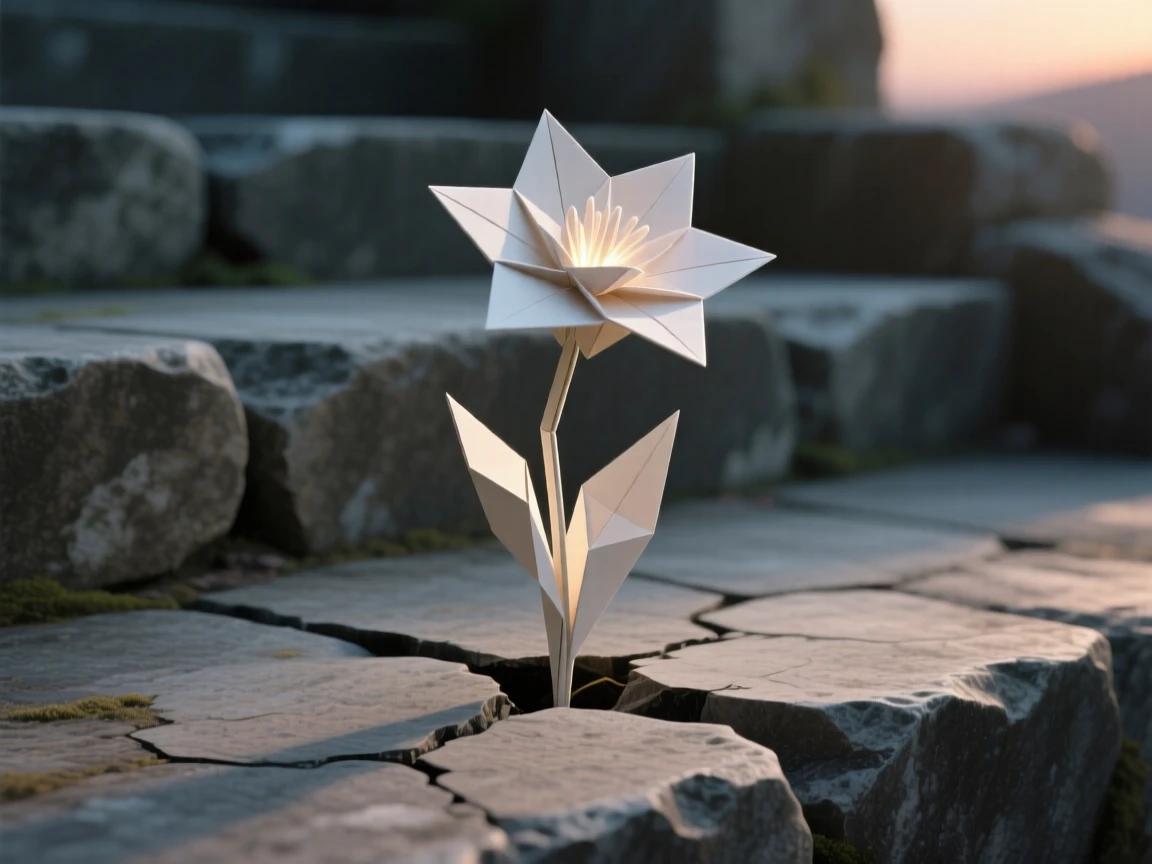 A single flower growing from a crack in an old stone step, glowing faintly at dusk.