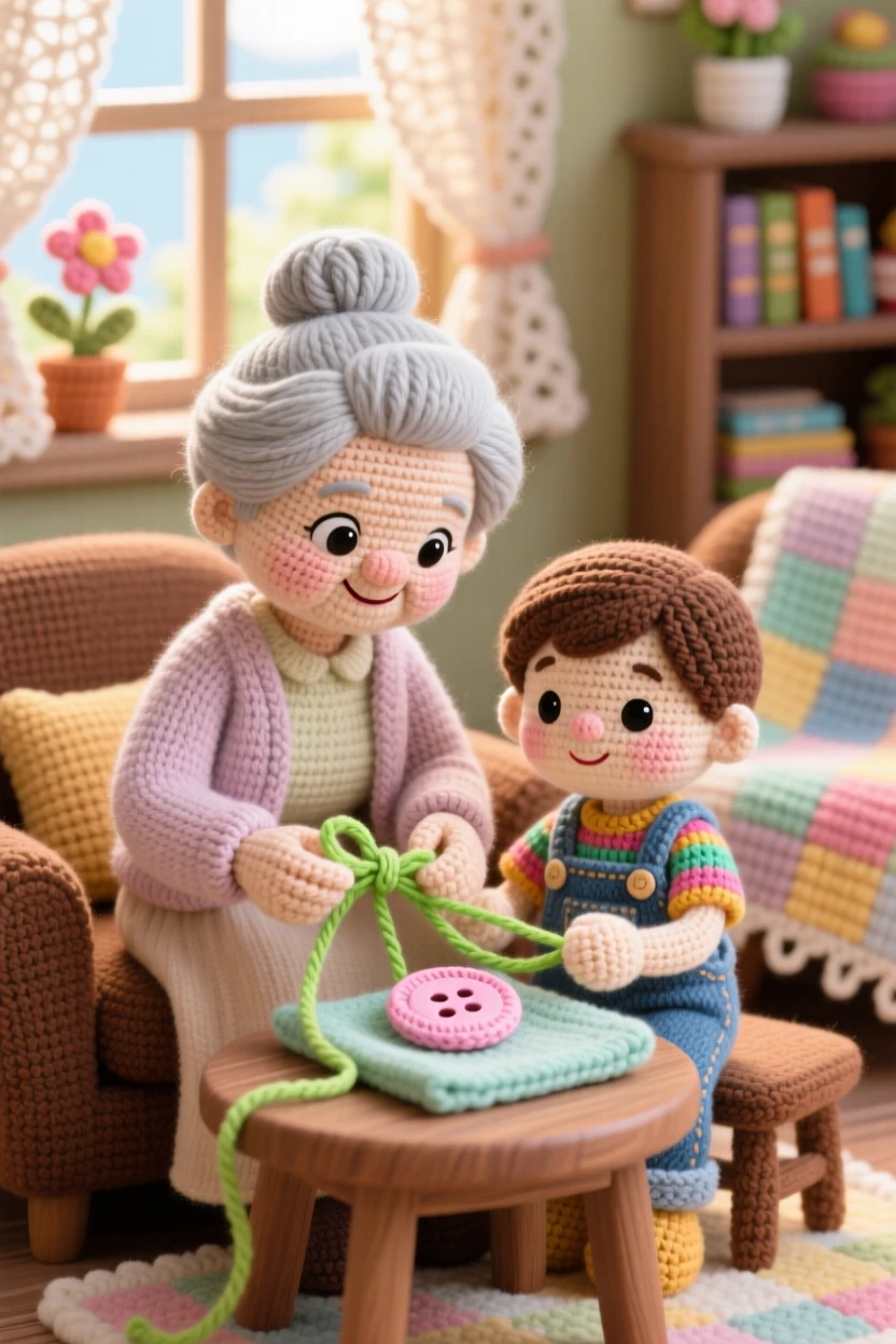 a grandmother teaching her grandchild to sew a button, with careful, patient guidance, tying off the thread with a small knot, in a warm and welcoming family living room, with a warm quilt draped over a nearby chair, radiating quiet tenderness between generations.