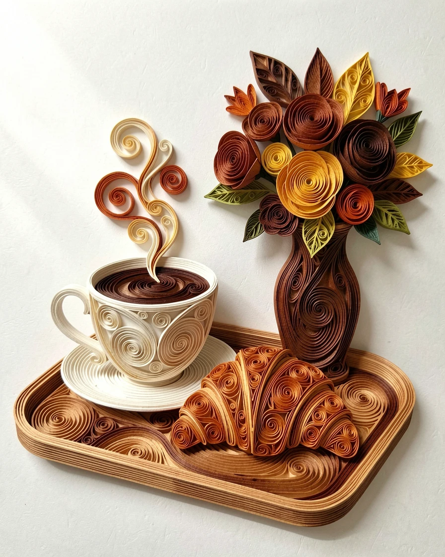 a steaming cup of coffee beside a flaky croissant, on a wooden tray beside a vase of fresh flowers, composed with soft natural light from one side, in cozy autumnal tones of rust and brown.