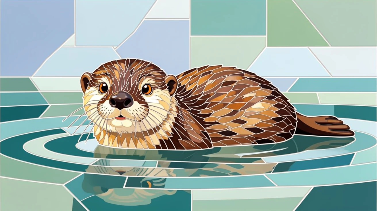 A close-up portrait of a playful sea otter floating on its back in calm water, showing rich fur or feather detail and expressive eyes.