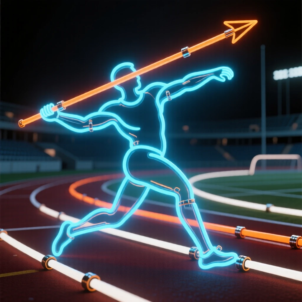 A javelin thrower captured mid-throw at a track stadium.