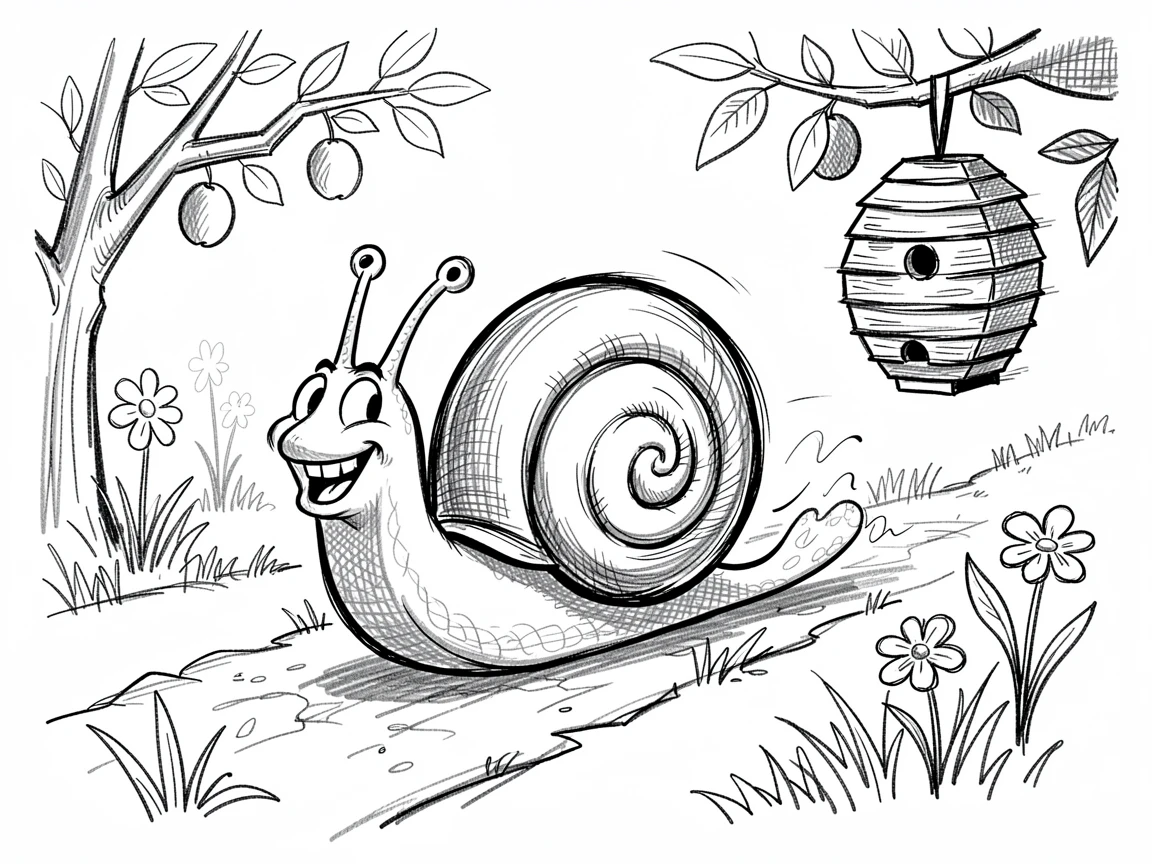 A snail racing confidently in a garden marathon beside a beehive in an orchard.