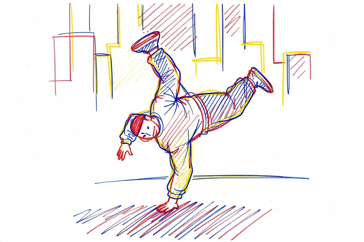 A breakdancer spinning on one hand under vibrant urban lights