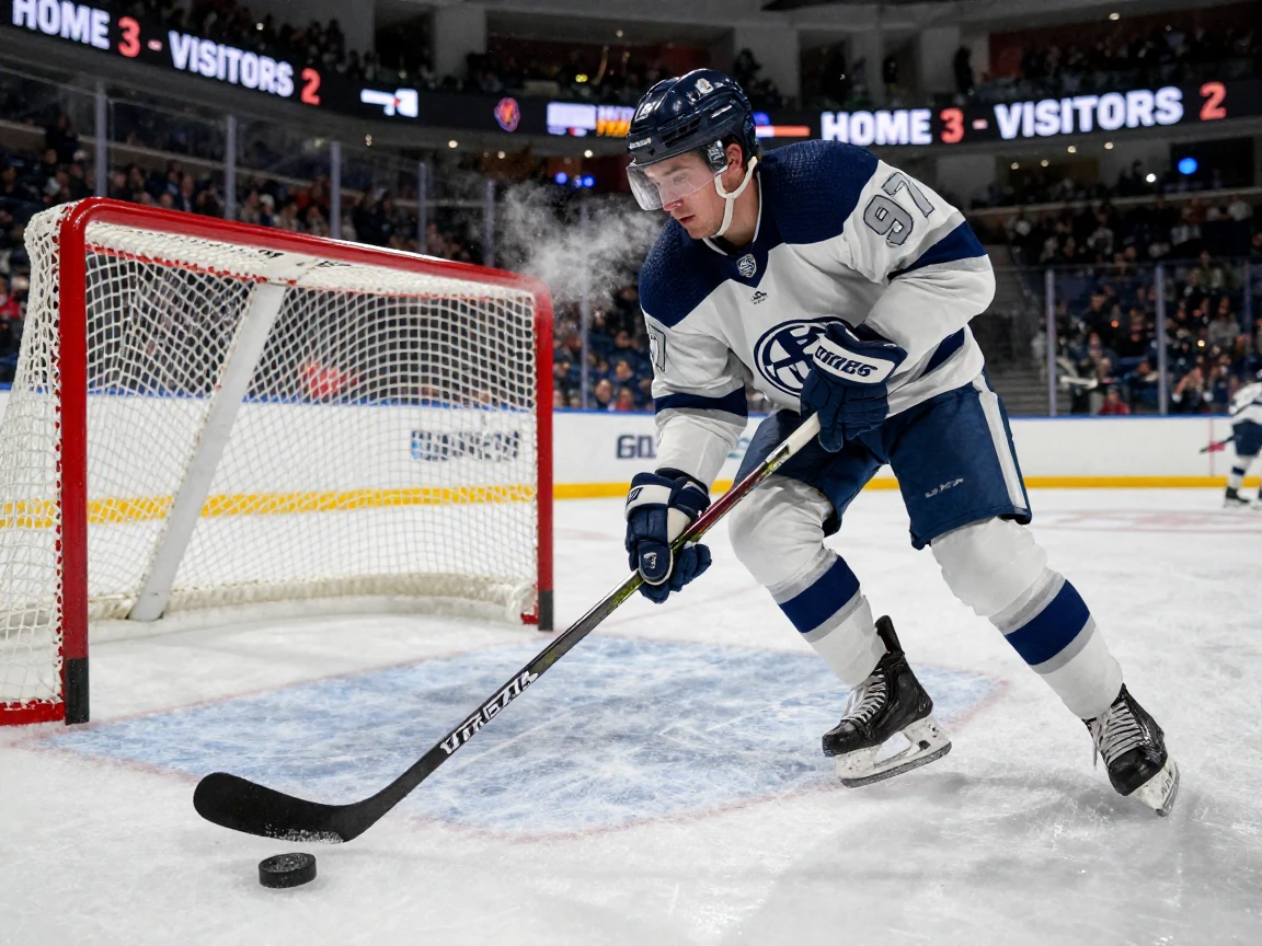 A hockey player skating hard toward the net