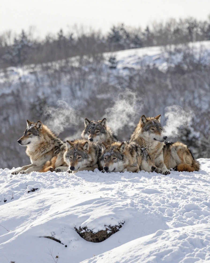 A wolf pack rests together on a snowy ridge, breath visible in the cold air.