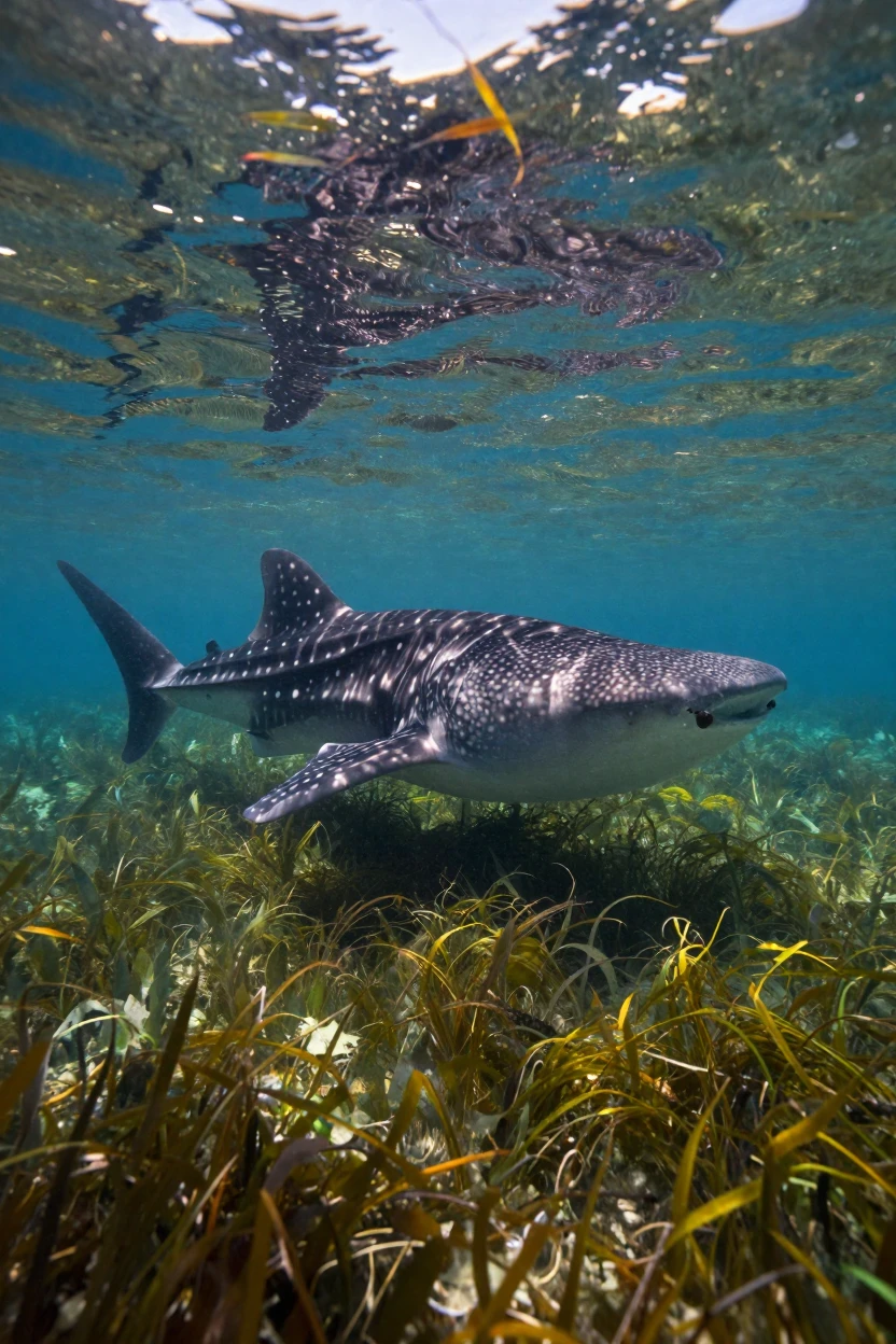 A gentle whale shark exploring beneath a canopy of drifting sea grass