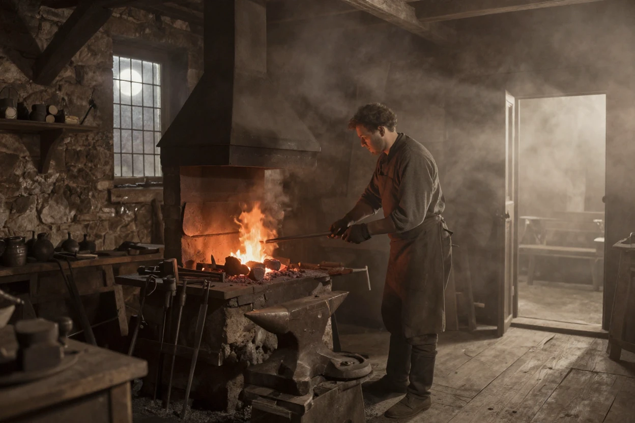 A blacksmith's forge glowing orange in a dim stone workshop, under moonlight, in thick rolling fog, during the long days of summer, with a soft sepia-tinted glow, from a three-quarter angle.