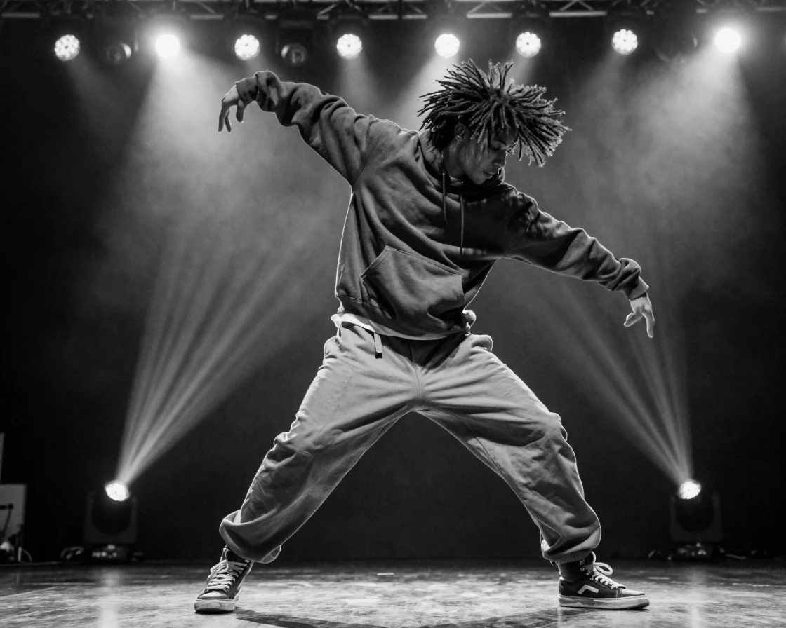 A hip-hop dancer spins through a dazzling routine under colorful stage lights.