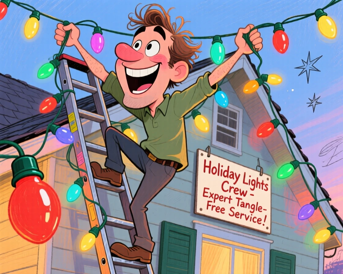 A man setting up holiday lights on his house, ladder propped against the roof.