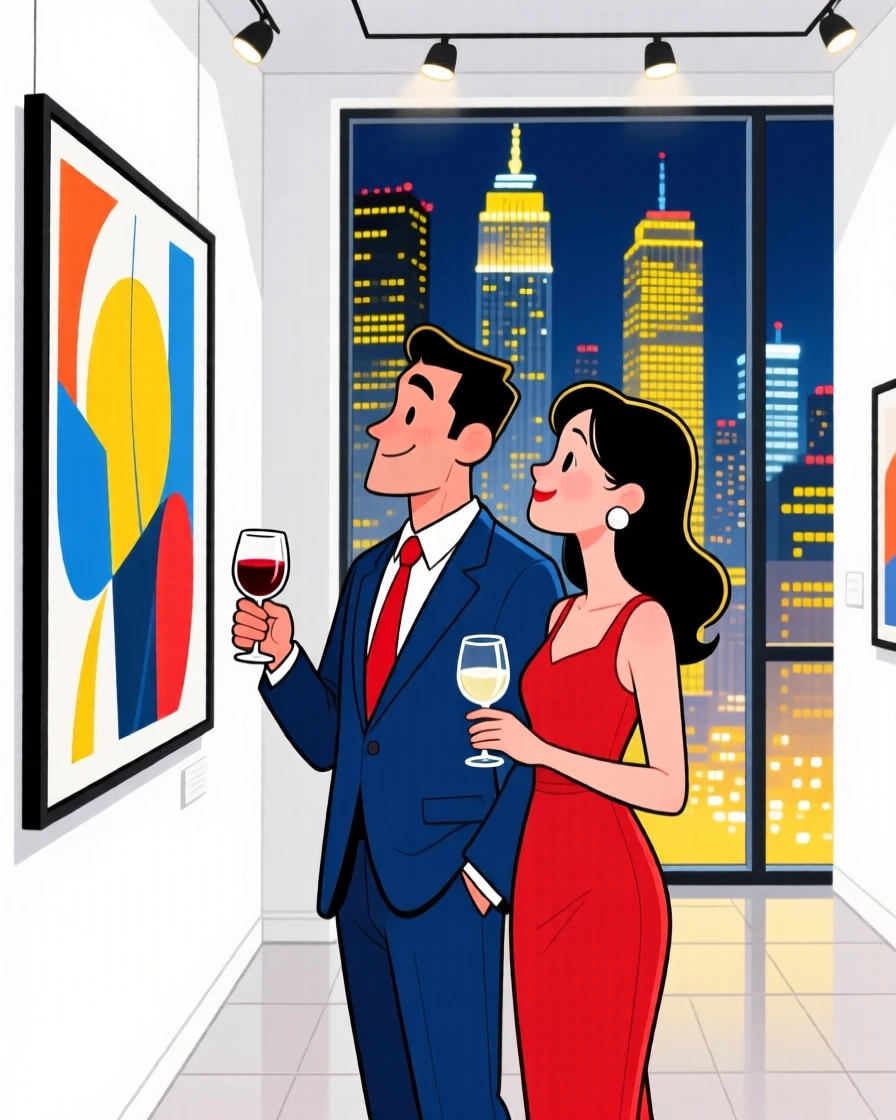 An aspirational lifestyle scene of a well-dressed couple browsing an elegant art gallery with a glass of wine in hand, as the city skyline glitters below.
