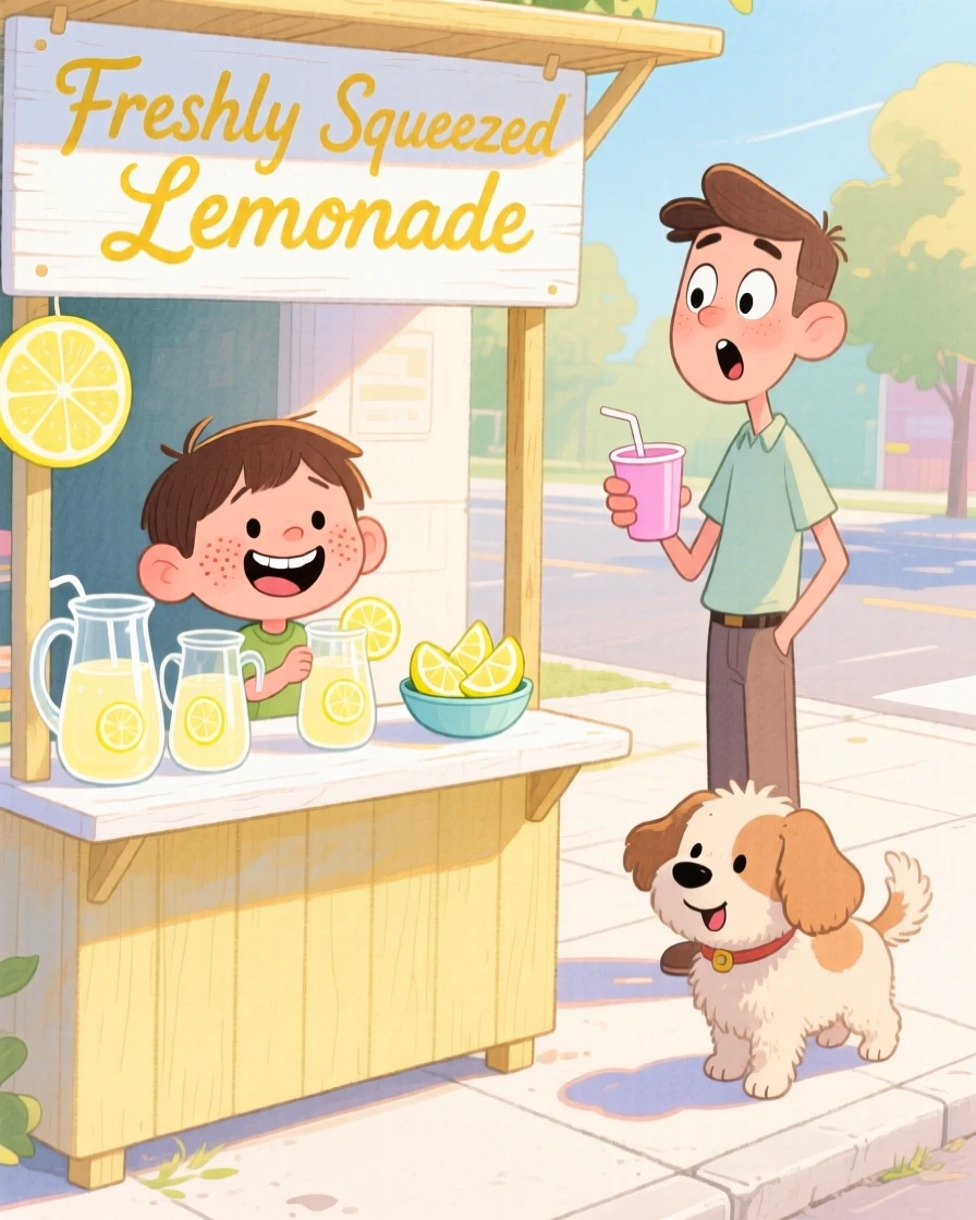 A charming seasonal scene of a summer lemonade stand on a sunny sidewalk
