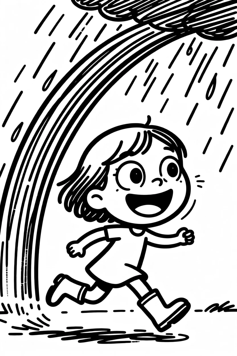 A little girl in rain boots chasing a rainbow after a summer storm.