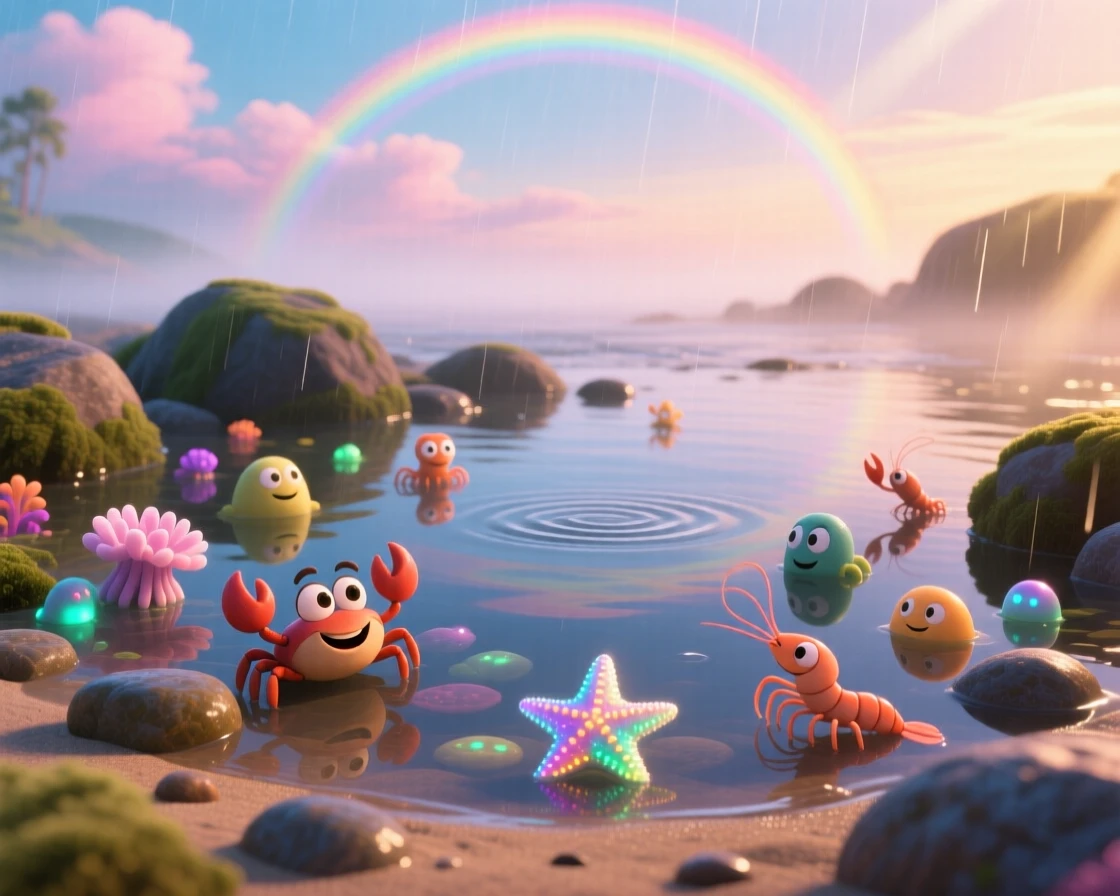 A tide pool full of tiny creatures glows while a rainbow arcs faintly overhead after a storm, with small ripples spreading outward across a pond. The atmosphere feels fresh, alive, and untouched.