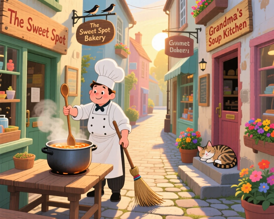 A chef stirring a big pot of soup pauses while sweeping the front steps at sunrise in a narrow alley lined with shops, while a cat naps in a sunny doorway.