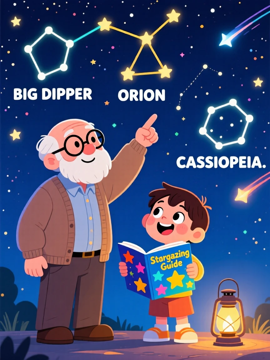 A grandfather teaching his grandchild to identify constellations by name.