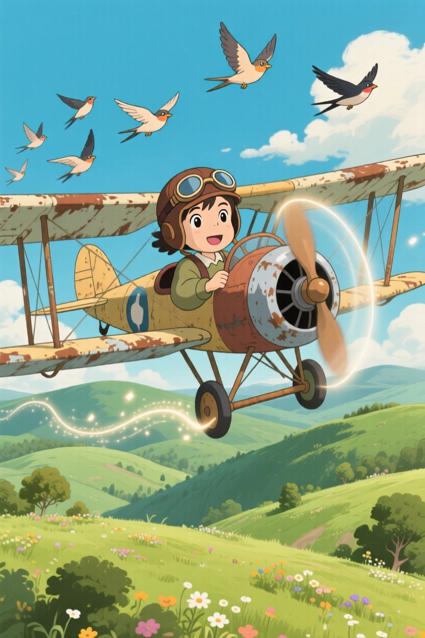 A charming scene of an old biplane soaring above rolling green hills, as birds fly alongside it.