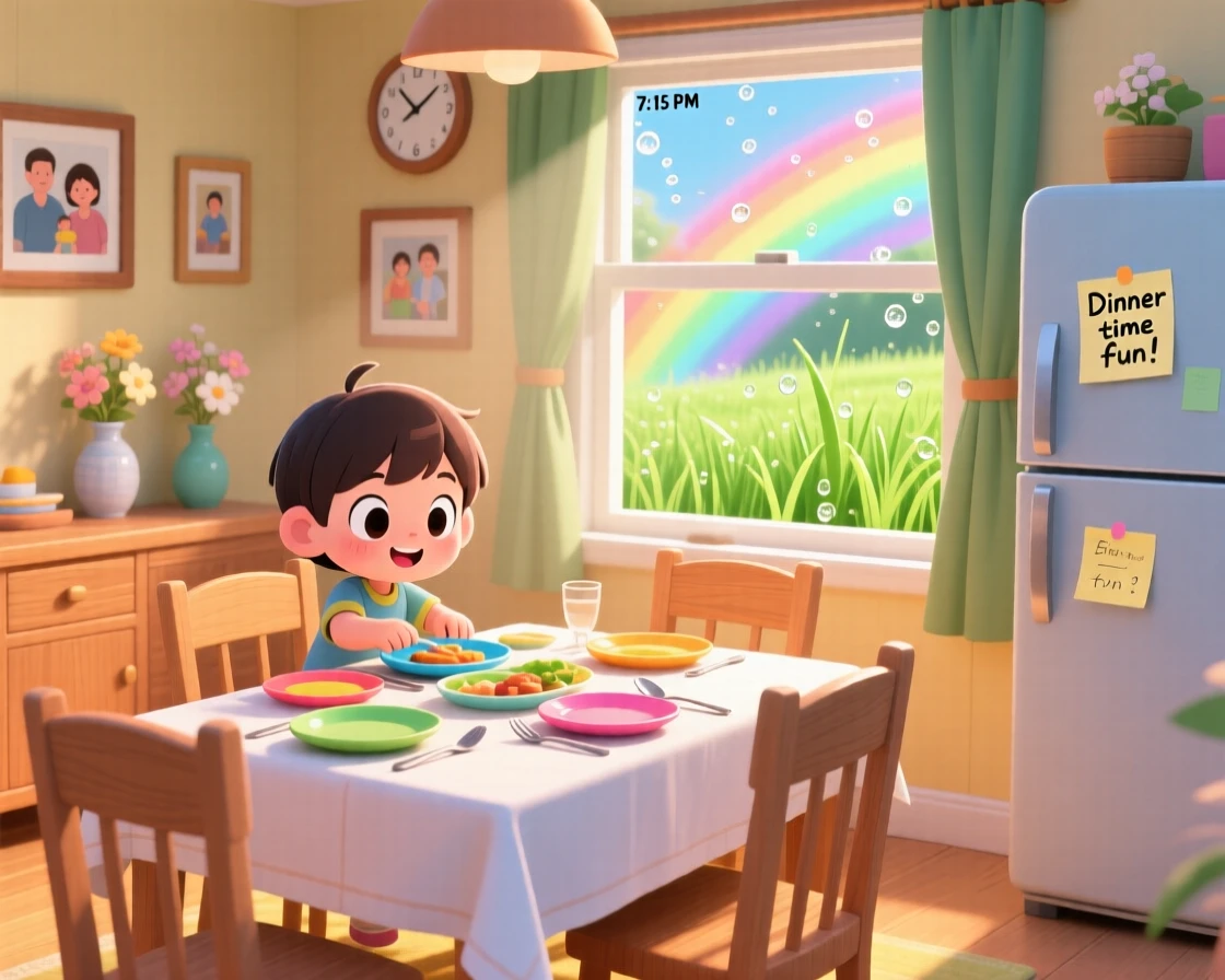 A child setting the table for dinner, framed as a dynamic diagonal composition within a warm family dining room, as morning dew glistens on the grass, glowing under bright rainbow-tinted light, evoking brave confidence.