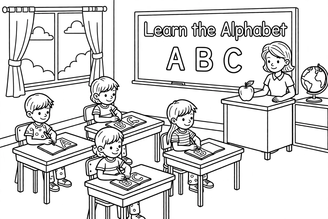 A classroom of children learning to write the alphabet
