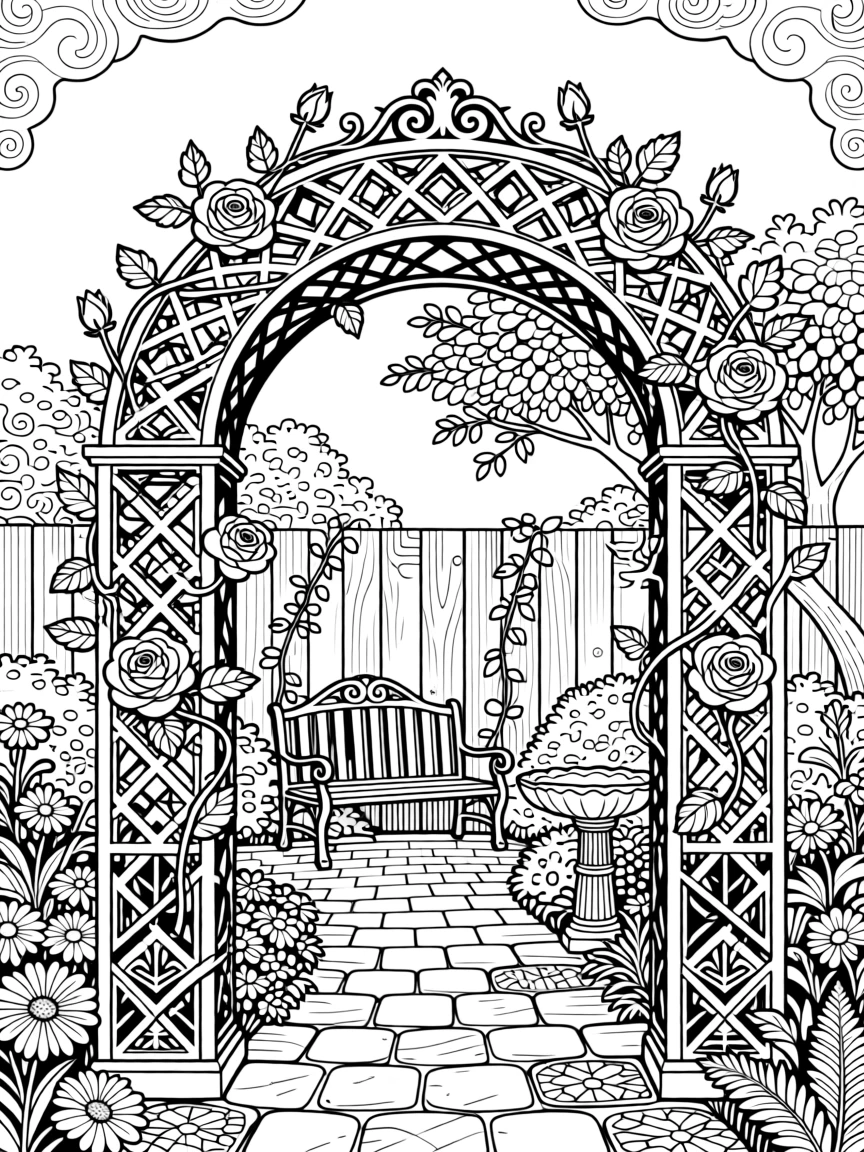 A single trellis arch covered in blooming roses leading to a hidden garden.