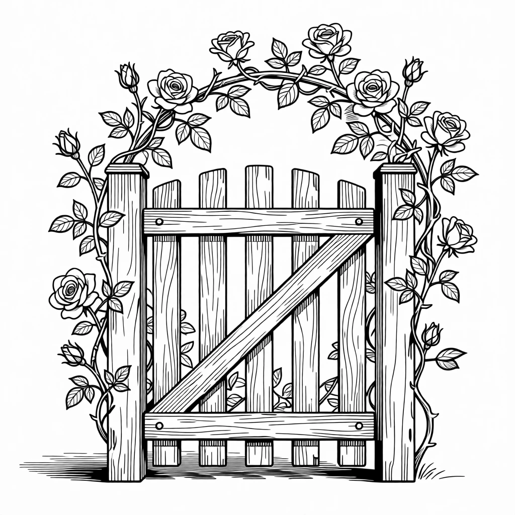 A weathered garden gate covered in climbing roses