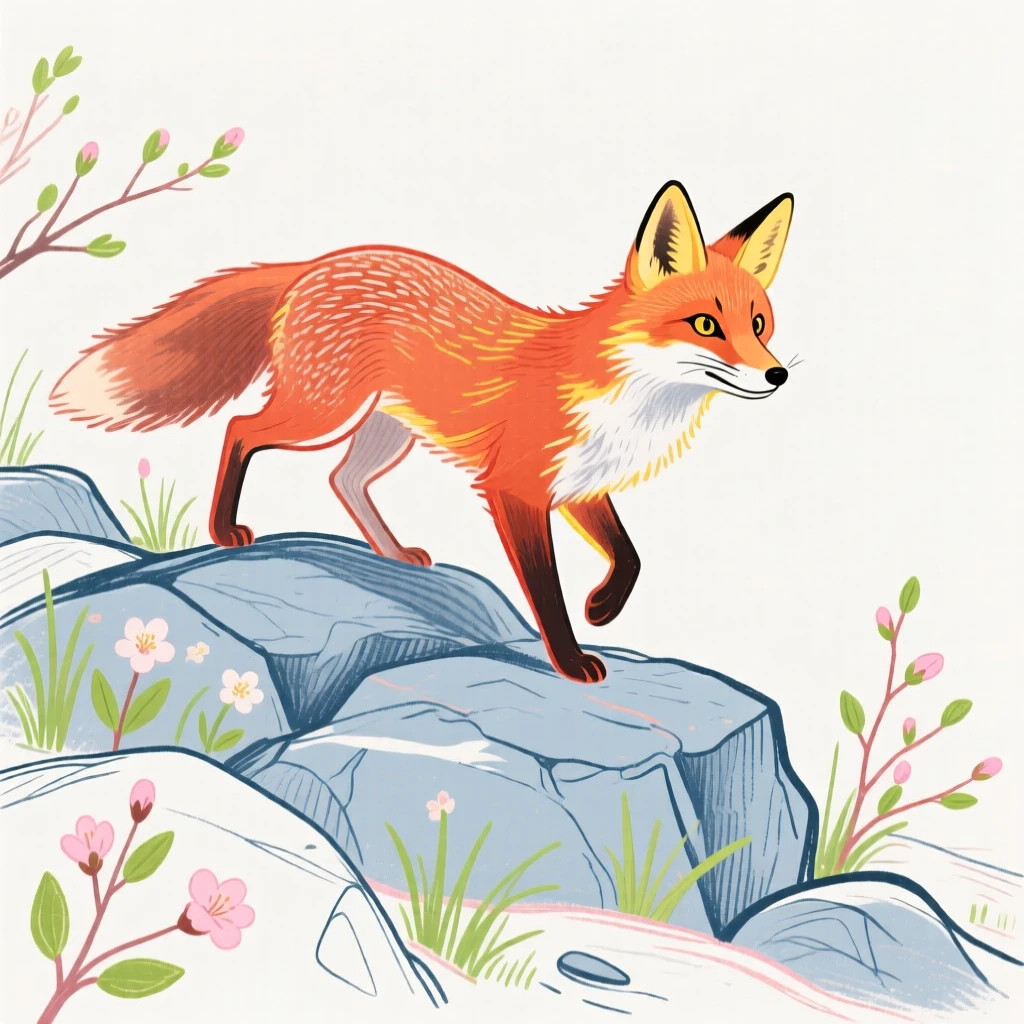 A curious fox playing on a rocky hillside in early spring.