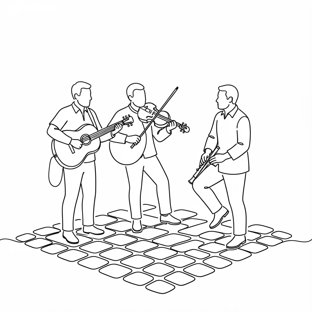 A group of street musicians performing together on a cobblestone corner