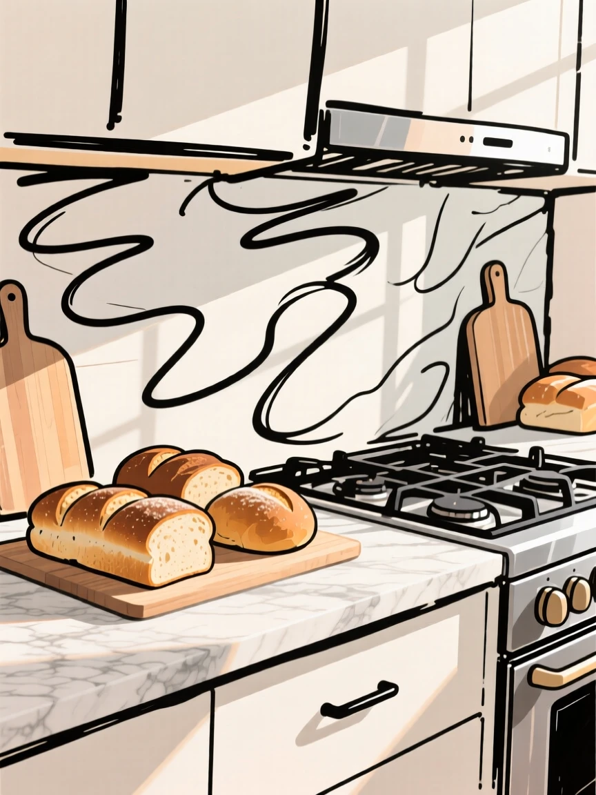 A sunlit kitchen with fresh bread cooling on a marble countertop.