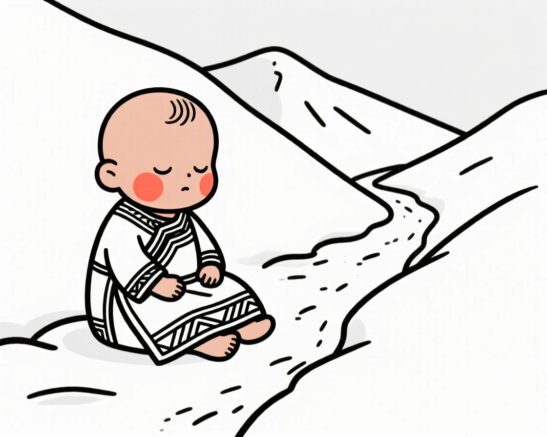 A sleepy baby of Filipino heritage wearing an Ethiopian habesha dress, lost in quiet contemplation, on a snowy mountain trail.